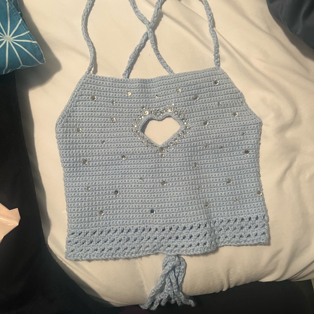 Sabrina Carpenter Inspired Blue Hand Crochet Heart Top